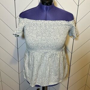 Old Navy Women Medium White Blue Polka Dot Smocked Off Shoulder Short Sleeve